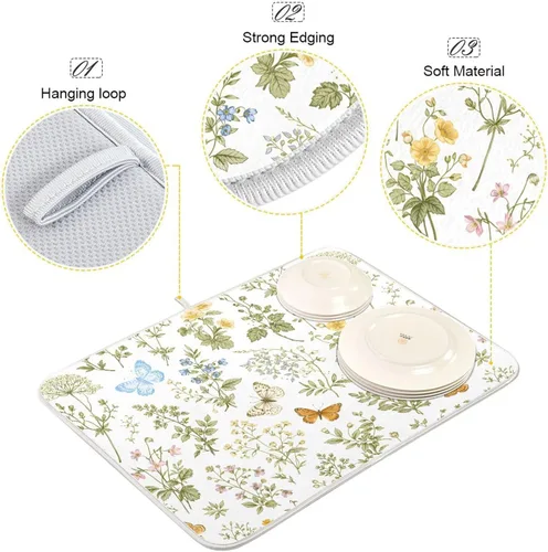 Vista 4 de Tapete de secado de platos con flores botánicas y mariposas para encimera de cocina, absorbente, almohadilla de secado de microfibra, grande 18x24