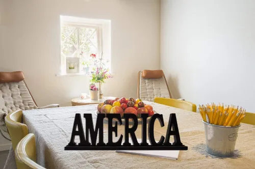Vista 2 de Letrero de madera rústica de América para decoración del hogar, decoración decorativa de madera con recorte de palabra, decoración de mesa