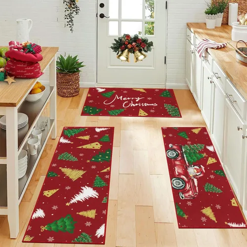 Vista 12 de Juego de 3 tapetes de cocina de Feliz Navidad, alfombras antideslizantes de cocina para invierno y fiestas navideñas Xmas, alfombra cómoda