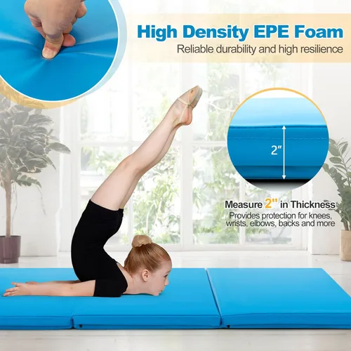 Vista 3 de Goplus Esterilla de Gimnasia Plegable, 6' x 2' x 2'' de Grosor Tri-Fold Esterilla de Ejercicio y Volteretas con Asas de Transporte, Cierre de Gancho