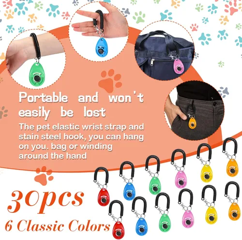 Vista 5 de Kigeli 30 unidades de clicker de entrenamiento de perros para mascotas con correa de muñeca para perro, gato, pájaro, suministros de entrenamiento