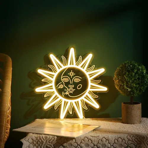 Vista 8 de Ganeen Sun Letrero de neón LED para pared, luz nocturna USB, regalo de decoración de Navidad Boho Sun for Bedroom Living Room Office, Warm Orange