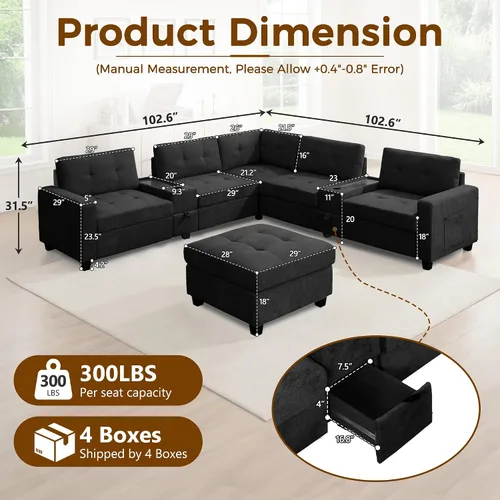 Vista 14 de Sofá modular de 103 pulgadas con 2 consolas acrílicas, juego de sofá en forma de U de gran tamaño con cargador USB, cajones de almacenamiento, Beige