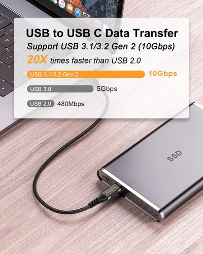 Vista 3 de Cable USB A a USB C (paquete de 2 unidades, 0,5 m), USB 3.1/3.2, transferencia de datos de 10 Gbps y cable de carga rápida de 60 W 3 A para SSD