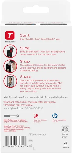 Vista 6 de Tylenol SmartCheck 2.0 Digital Ear Scope para niños de Tylenol, otoscopio con luz para iPhone y Android, cámara auditiva; incluye 1 abrazadera