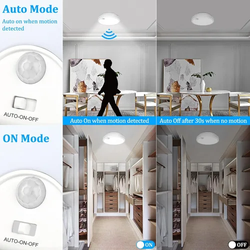 Vista 2 de Paquete de 2 luces LED de techo con sensor de movimiento a pilas, lámpara de techo empotrada de 7.2 pulgadas, 6000K, lámpara de techo inalámbrica
