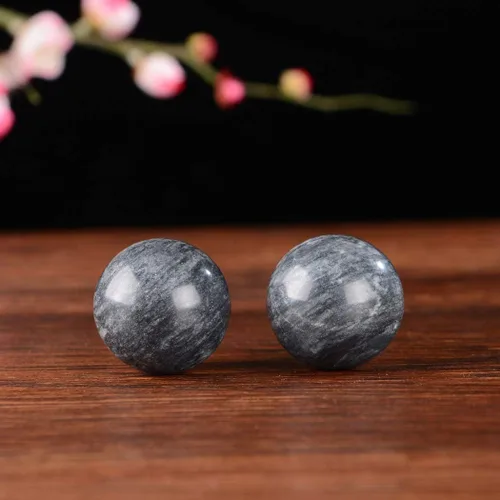 Vista 6 de Bolas chinas Baoding de ejercicio para aliviar el estrés y lograr la salud en piedra natural de mármol jade, color gris oscuro, Gris oscuro