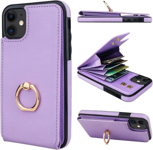 Vista 10 de Folosu Funda compatible con iPhone 11, cartera con tarjetero y rotación de 360°, soporte de anillo de dedo con función atril, bloqueo RFID, piel