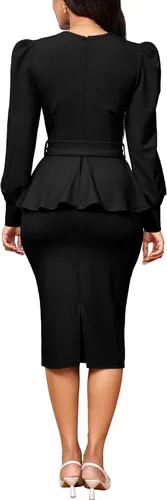 Vista 4 de Vestidos elegantes para mujer, sexy, para iglesia, manga larga, volantes, negocios, lápiz, vintage, peplum, para llevar al trabajo
