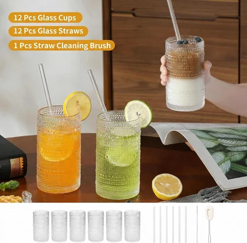 Vista 4 de Juego de 6 vasos de beber transparentes con tallo y pajitas (Juego de 12 vasos transparentes), 16 onzas