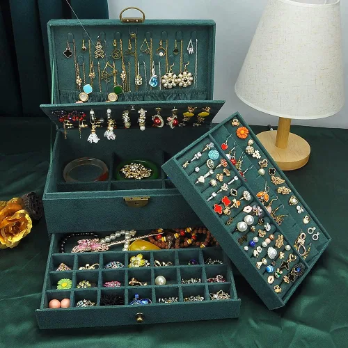 Vista 3 de GYJOYERO Joyero organizador de aretes de joyería para mujeres y niñas, 4 capas con cajones, collares, anillos, relojes, vitrina, almacenamiento