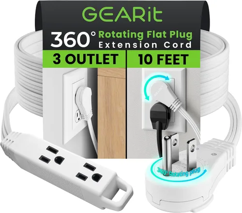 Vista 25 de GEARit Cable de extensión de enchufe plano giratorio de 360° de 3 pies, cable de alimentación de perfil bajo de 3 salidas, ahorro de espacio