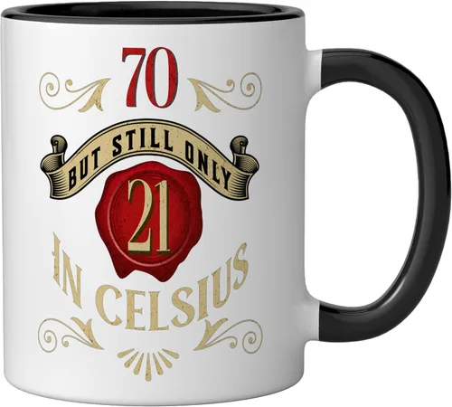 Vista 2 de 70 But Only 21 In Celsius, Funny 70th Birthday Vintage Ceramic Mug, Black/White