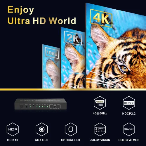 Vista 10 de 5 en 1 salida 4K @60Hz HDMI Switch Extractor de audio con óptico y salida de 0.138 in, divisor de audio HDMI 2.0 compatible con HDR 10, HDCP 2.2