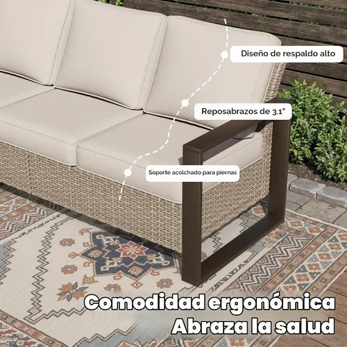 Vista 4 de Joyside - Sofá de mimbre para patio al aire libre, sofá de ratán de 3 plazas con cojines gruesos de olefina y reposabrazos rectangular con marco