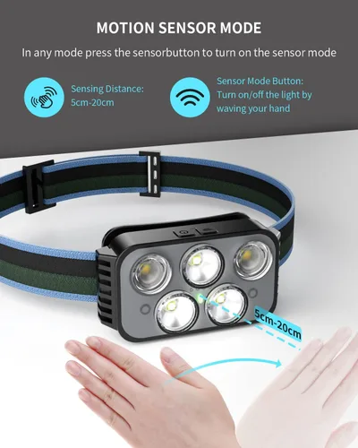 Vista 4 de Linterna frontal recargable, 400 lúmenes, con sensor de movimiento súper brillante, linternas de cabeza impermeables con luz blanca y roja, 6 modos