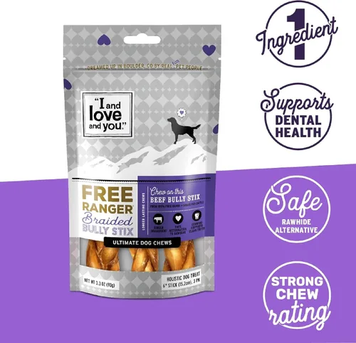 Vista 3 de I AND LOVE AND YOU Free Ranger Bully Stix Trenzados - Carne de Res - Alternativa al cuero crudo, un solo ingrediente, carne de res de pastoreo libre