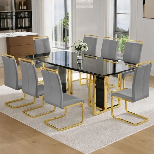 Vista 15 de Juego de mesa de comedor de mármol negro dorado de 79 pulgadas para 8 Sillas negras+oro