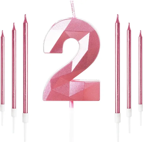 Vista 69 de Vela rosa de cumpleaños número 1 con 6 velas largas, decoraciones de decoración de pastel para fiesta de niña de 1 año, suministros de celebración