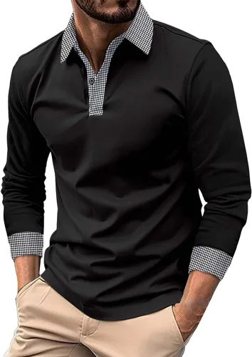 Vista 28 de Polo de manga larga para hombre, diseño casual de algodón con bolsillo, cuello clásico con botón para golf