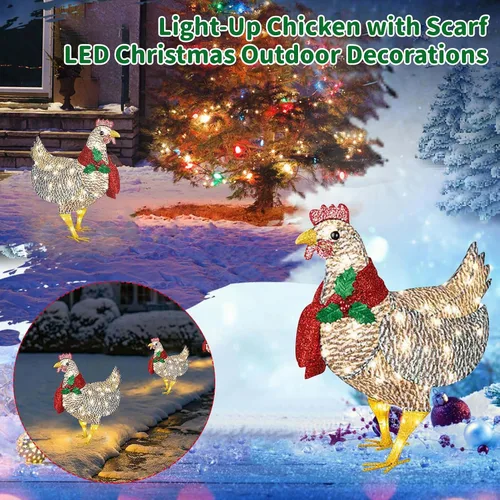 Vista 2 de Plplaaoo Decoración navideña de pollo iluminado con luces LED – Adorno de pollo iluminado con bufanda, funciona con pilas, decoración de pollo