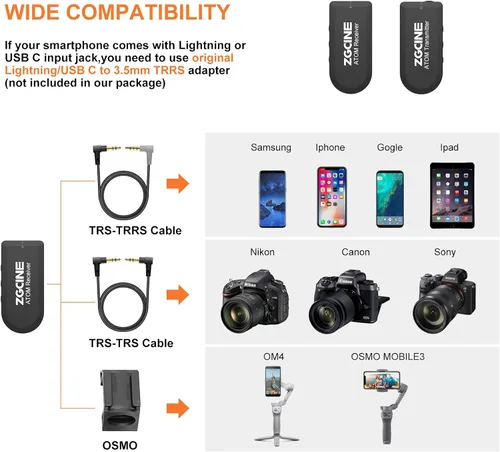 Vista 2 de ZGCINE Sistema de micrófono Lavalier inalámbrico de 2.4 GHz, micrófono de grabación omnidireccional, teléfono inteligente, cámara, vlogging, en vivo