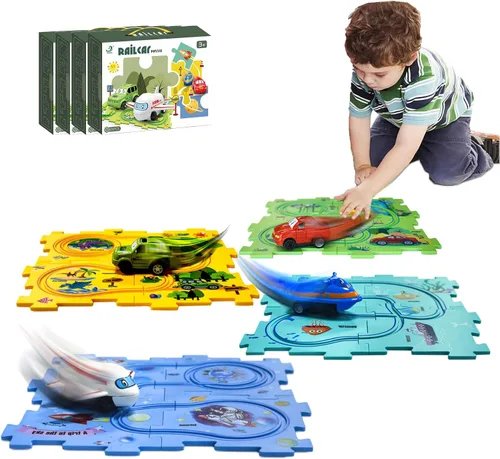 Vista 10 de Regalo de Cumpleaños para Niño de 4 Años, Set de Pista de Carros Rompecabezas para Niños con Mapa de Carretera, Set de Juego de Carros de Pista