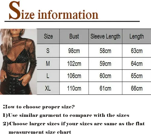 Vista 4 de Top sexy de malla transparente para mujer, con diamantes de imitación de manga larga