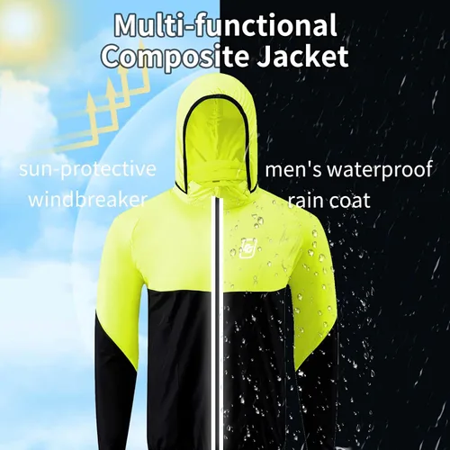 Vista 2 de Chaqueta de lluvia para hombre con capucha, impermeable, rompevientos, ligera, para senderismo, impermeable, reflectante