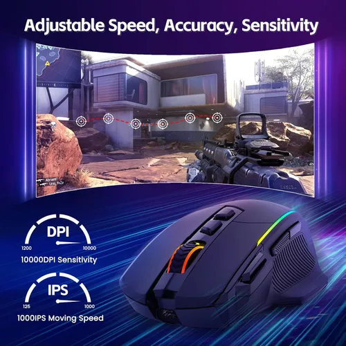 Vista 5 de RisoPhy Ratón inalámbrico para juegos, triple modo 2.4GUSB-CBluetooth hasta 10000DPI, retroiluminación Chroma RGB, mouse ergonómico con 8 botones
