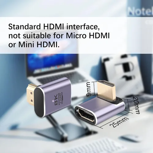 Vista 4 de Adaptador HDMI 8K de 90 grados, paquete de 2 adaptadores de ángulo recto HDMI 2.1 macho a hembra de 48 Gbps compatible con 8K @60Hz, 4K @120Hz, HDR