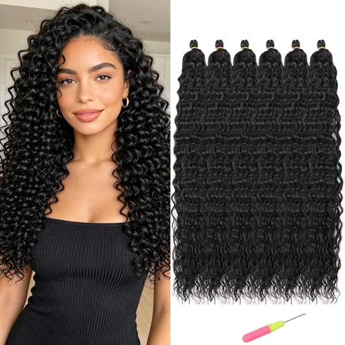 Vista 26 de MAYSA Cabello ondulado de ganchillo azul, cabello ondulado con ganchillo para mujer, extensiones de cabello sintético de onda profunda de 22