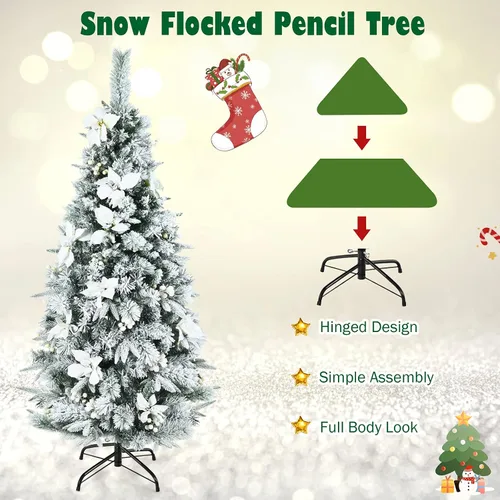 Vista 6 de COSTWAY Árbol de Navidad artificial flocado de nieve de 5 pies, árbol falso de Navidad con 339 puntas de rama, 228 bayas blancas y flores de pascua