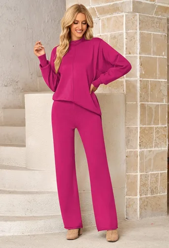 Vista 8 de Linsery Conjunto de suéter de 2 piezas para mujer, cuello alto, suéter de punto de pierna ancha, sudadera casual
