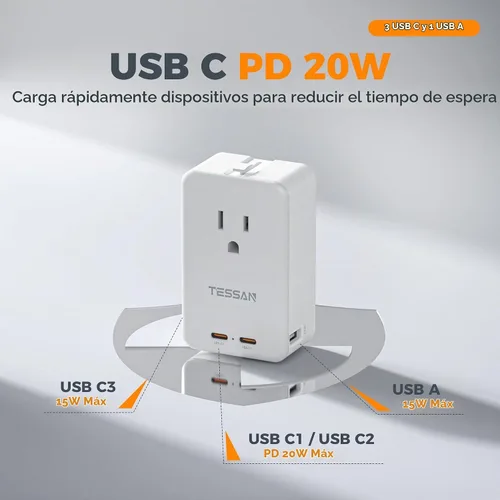 Vista 3 de TESSAN Adaptador de viaje PD 20W, adaptador de corriente universal con 3