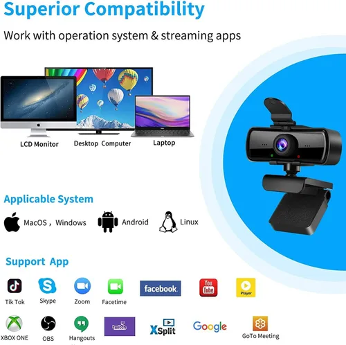 Vista 7 de Cámara web HD 1080P con micrófono y cubierta de privacidad, cámara USB Plug & Play, cámara web de enfoque fijo de gran angular de 120°