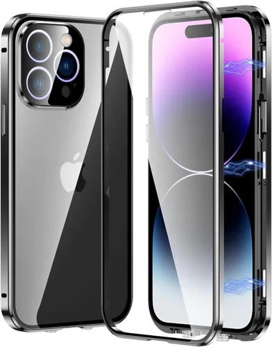 Vista 13 de Funda magnética transparente para iPhone 14 de vidrio con protector de lente de cámara, protector de pantalla integrado sensible al tacto Negro