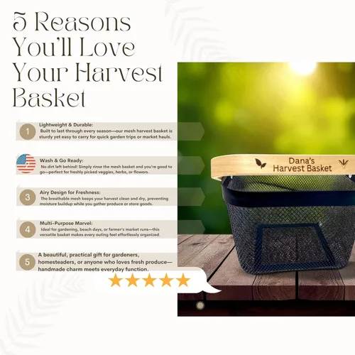 Vista 3 de Cesta de cosecha de malla personalizada con mango grabado personalizado, regalo para jardineros, cesta de cosecha vegetal, herramientas