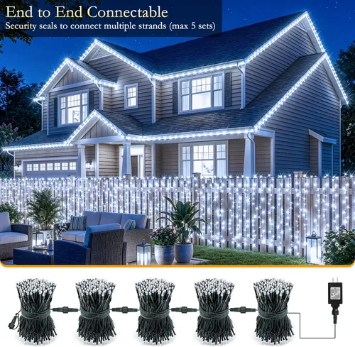 Vista 7 de Tira de luces de Navidad para interiores y exteriores, impermeable, 200 luces LED, 66 pies, 8 modos, luz blanca fría, para decoraciones de la casa