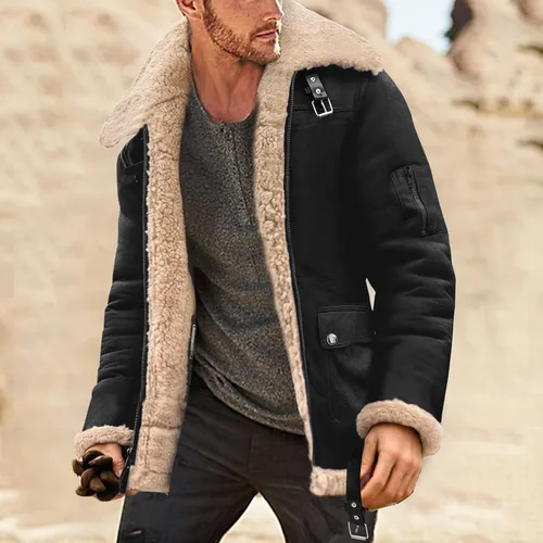 Vista 2 de Chaqueta de piel sintética para hombre, chaqueta de piel sintética de gamuza, abrigo de invierno casual con solapa y forro de sherpa