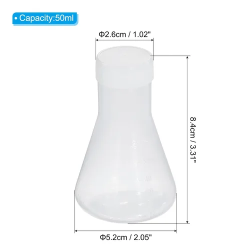 Vista 2 de PATIKIL Erlenmeyer - Frasco de plástico de 1.7 fl oz con tapas de rosca, paquete de 2 frascos cónicos de boca estrecha para laboratorio, transparente
