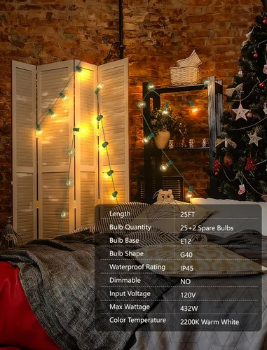 Vista 3 de SUNSGNE Luces Redondas de Navidad de 25 Pies, Luces de Cadena Globo G40 con 27 Bombillas Transparentes, Certificado UL para Exteriores Interiores
