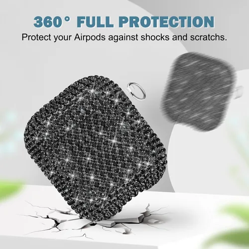 Vista 3 de Newseego Funda para AirPods de 1 y 2 generación, funda de lujo con diamantes de imitación brillantes con llavero para mujeres y niñas, anti-pérdida