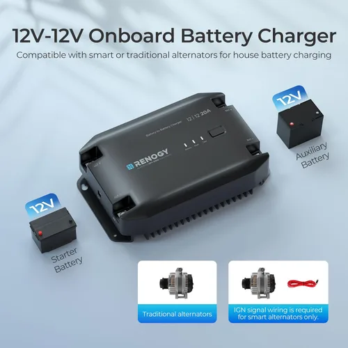 Vista 2 de Renogy - Cargador DC a DC 12V 20A - Cargador multietapa para baterías LiFePO4, AGM, Gel, inundadas Cargador de batería para coche, RV, marina