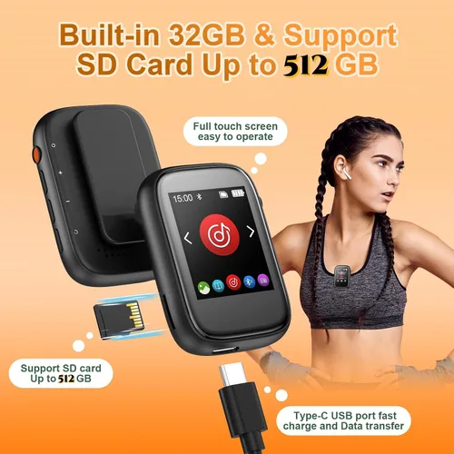 Vista 3 de Reproductor Mp3 portátil para niños con clip en la parte posterior, pequeño reproductor de música con Bluetooth 5.3, pantalla táctil, radio FM