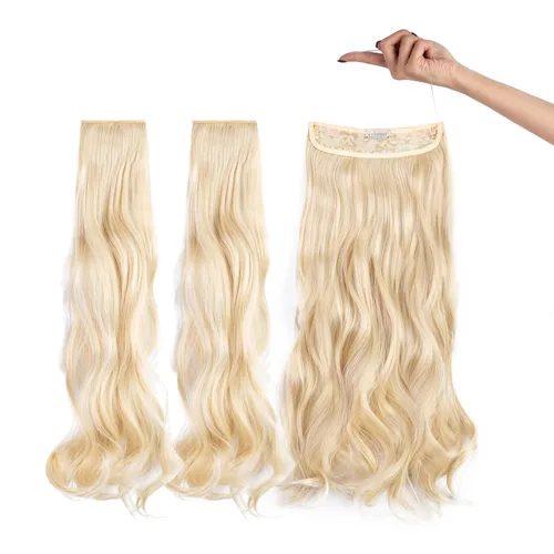 Vista 5 de Extensiones de cabello invisibles con halo mejorado con 3 piezas de diadema ajustable, largo, ondulado, extensiones de cabello rubio decolorado