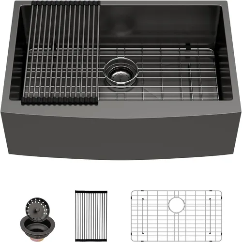 Vista 4 de Sarlai Fregadero negro de granja – Fregadero de cocina frontal con delantal de 30 pulgadas x 22 pulgadas, fregadero de cocina estilo casa de campo