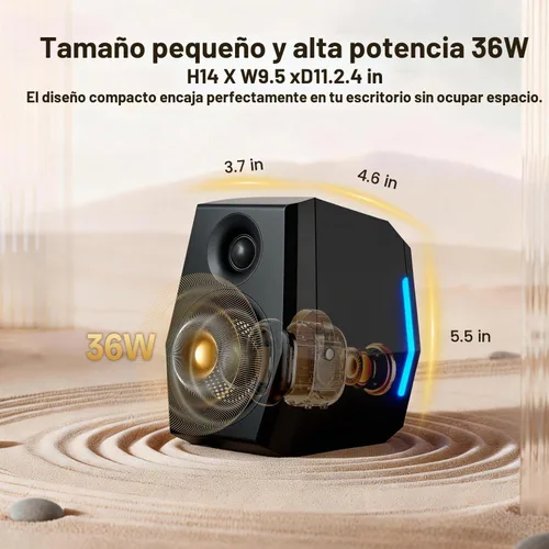 Vista 2 de Sanyun SW209 - Altavoces para juegos de PC de 36 W con DAC USB de 24 bits, Bluetooth 5.2 y entradas auxiliares, 3 modos de sonido EQ, altavoces