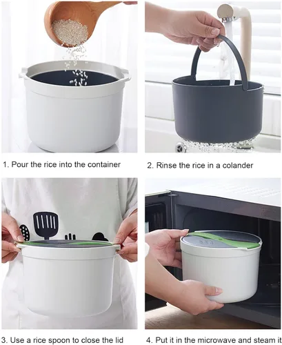 Vista 3 de Arrocera de microondas de 2 litros, utensilios de cocina para microondas con tapa y colador, olla de vapor de arroz para microondas PP de grado