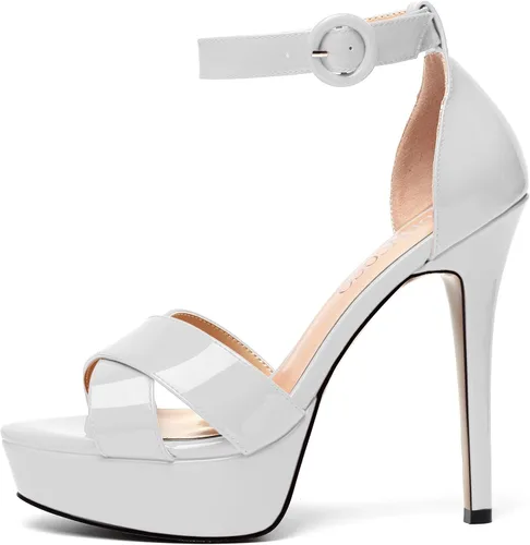 Vista 107 de MODENCOCO Sandalias de boda con correa de tobillo sexy para mujer, con plataforma y puntera abierta, tacón de aguja y tacón alto, zapatos de vestir